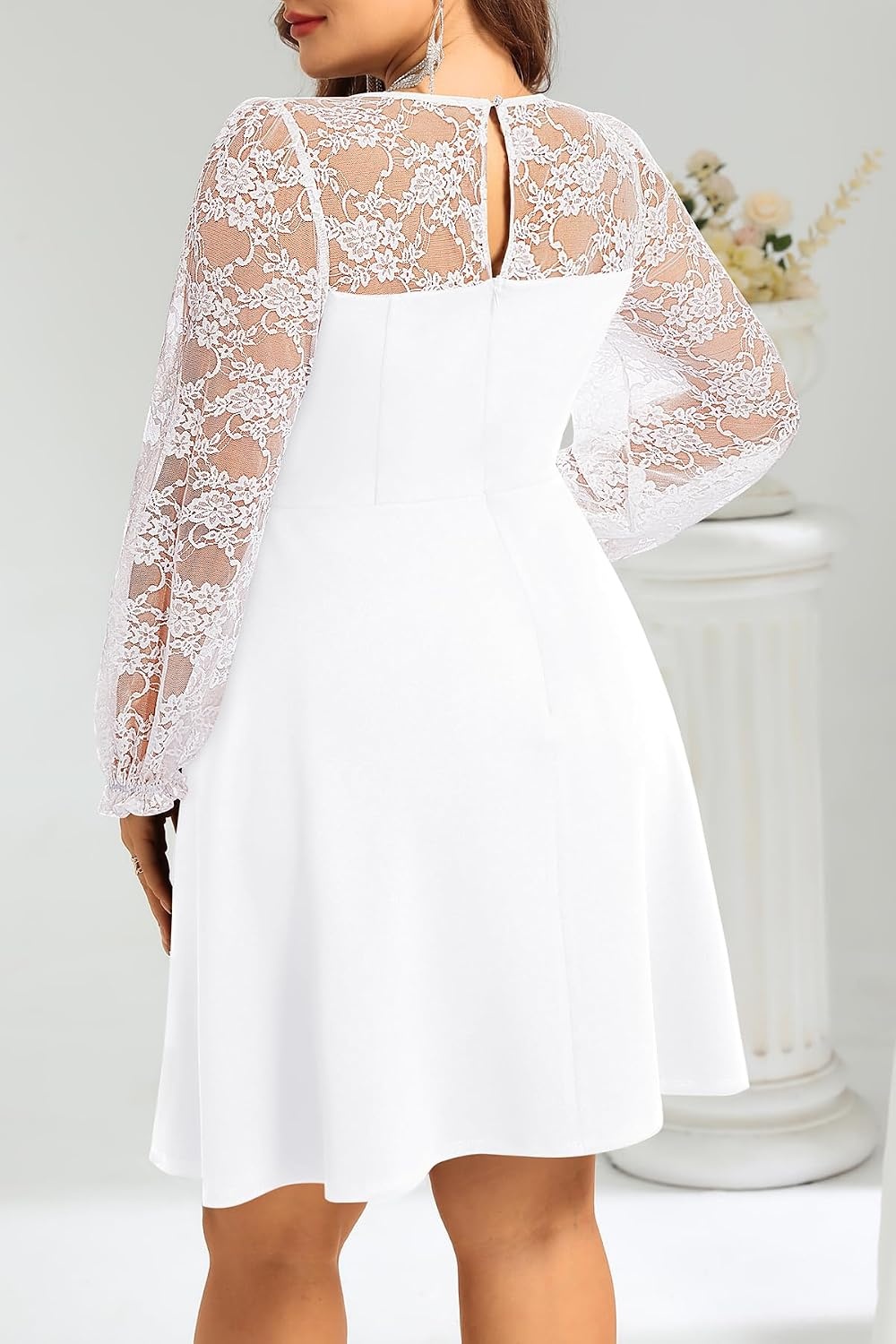 Plus Size Cocktail Dress Black Lace Long Sleeve Short A Line Dresses Women(White Long Sleeve)