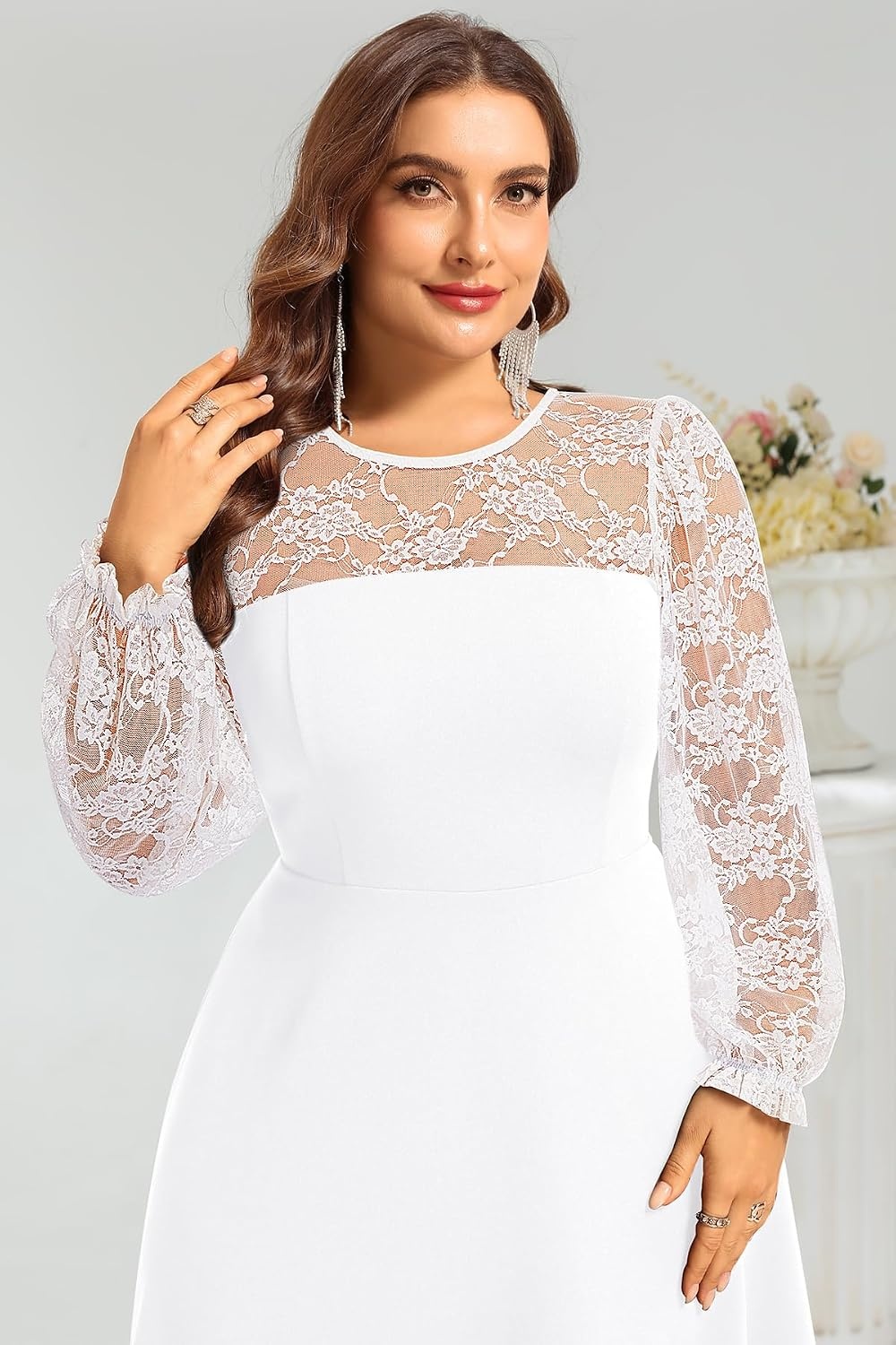 Plus Size Cocktail Dress Black Lace Long Sleeve Short A Line Dresses Women(White Long Sleeve)
