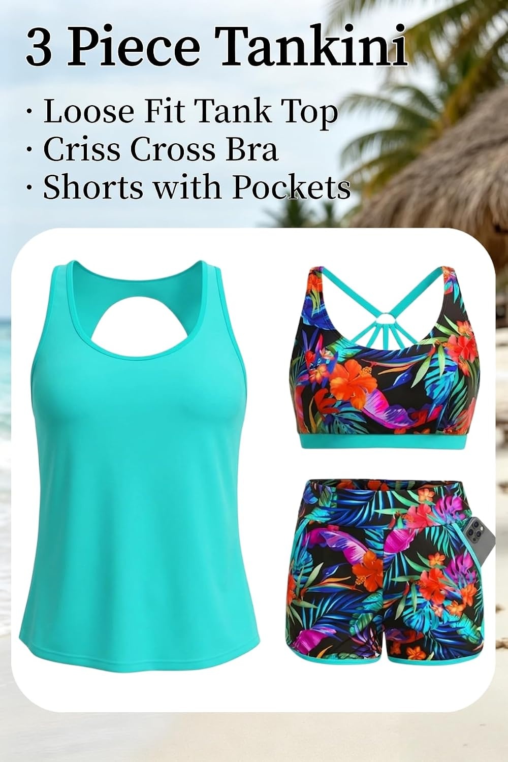 Talisea 3 Piece Tankini with Shorts – Tummy Control Swimsuit Bathing Suits(Aqua Colorful Floral)