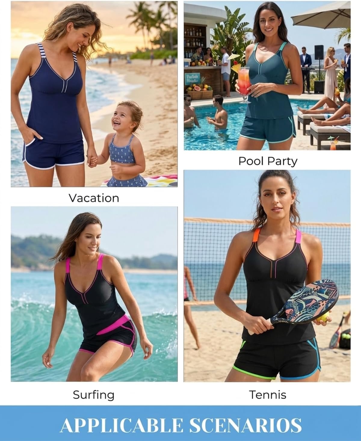 Talisea Women 2 Piece Tankini Swimsuit with Pockets Boy Shorts Modest Bathing Suit Tummy Control Tank Top(Teal and Green)