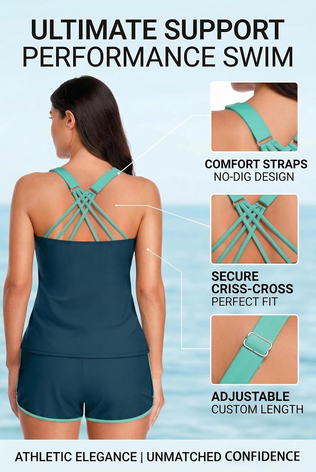 Talisea Women 2 Piece Tankini Swimsuit with Pockets Boy Shorts Modest Bathing Suit Tummy Control Tank Top(Teal and Green)