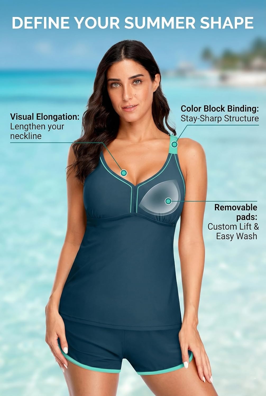 Talisea Women 2 Piece Tankini Swimsuit with Pockets Boy Shorts Modest Bathing Suit Tummy Control Tank Top(Teal and Green)