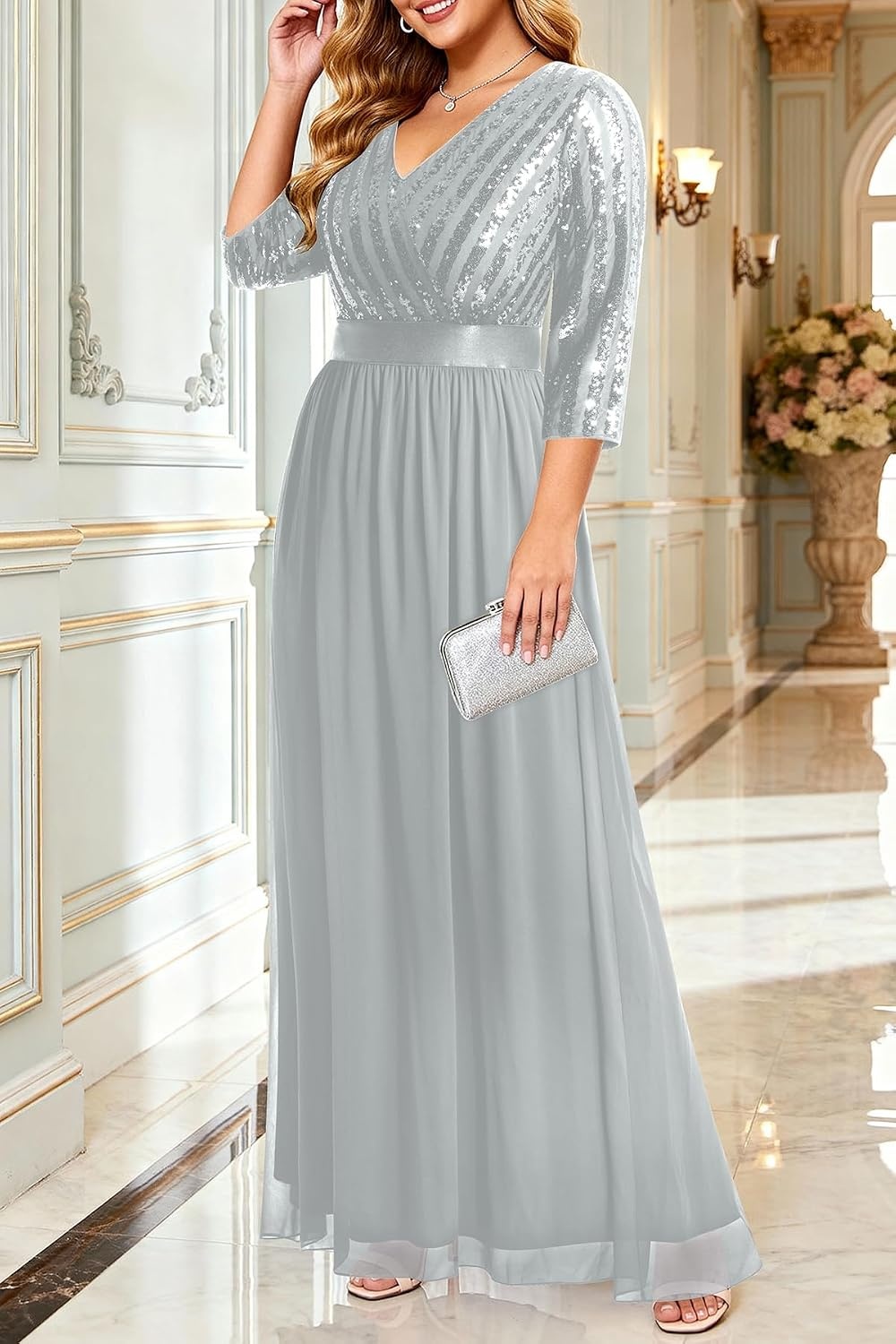 Plus Size Formal Dresses V Neck 3/4 Sleeve Sequin Prom Evening Maxi Dress(Gray)