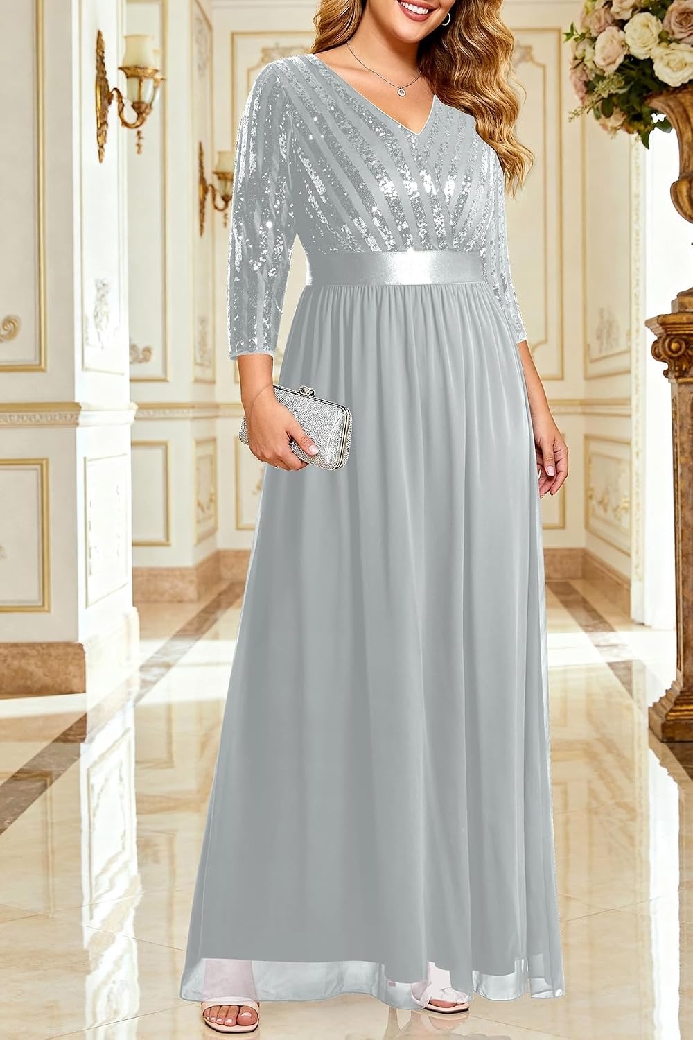Plus Size Formal Dresses V Neck 3/4 Sleeve Sequin Prom Evening Maxi Dress(Gray)