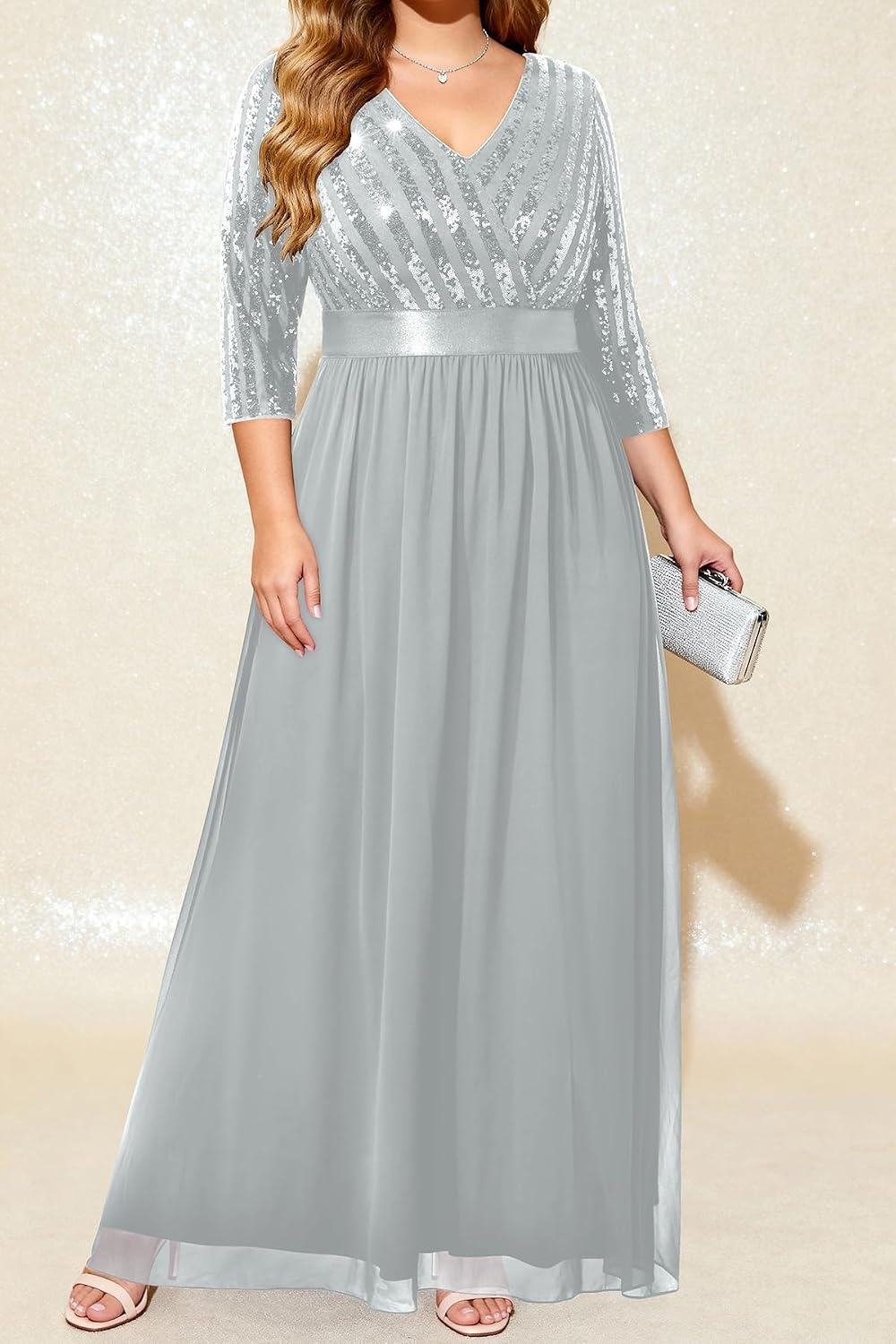 Plus Size Formal Dresses V Neck 3/4 Sleeve Sequin Prom Evening Maxi Dress(Gray)