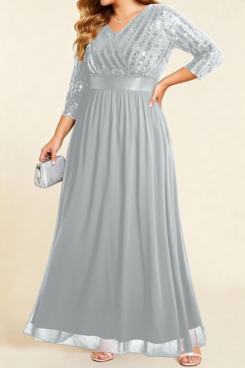 Plus Size Formal Dresses V Neck 3/4 Sleeve Sequin Prom Evening Maxi Dress(Gray)