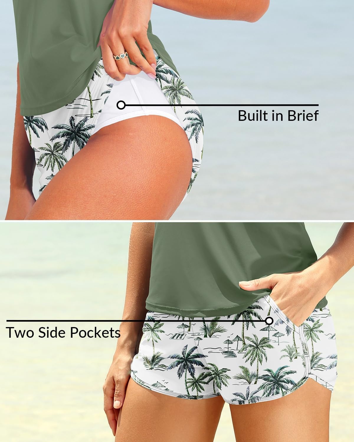 Talisea Women 2 Piece Tankini Swimsuit with Pockets Boy Shorts Modest Bathing Suit Tummy Control Tank Top(Green Palm Tree)
