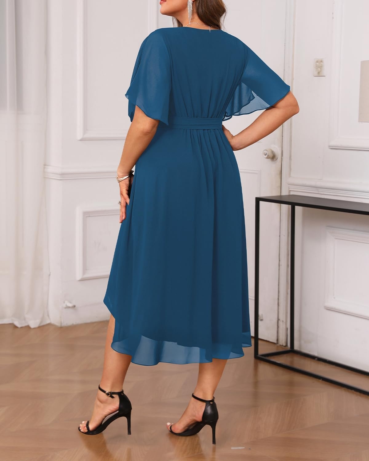 Talisea Plus Size Dresses Wedding Guest – Formal Cocktail Chiffon V Neck Short Sleeve High Low Dress Curvy Women(Teal)