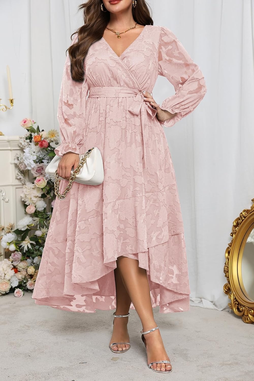 Plus Size Dresses Wedding Guest Fall Floral Wrap V Neck Maxi Dress Women(Pink)