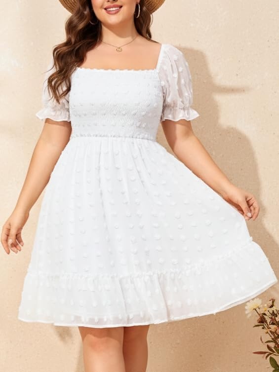 Talisea Plus Size Square Neck Graduation Summer Casual Sundress Chiffon Swiss Dot Ruffle Flowy Short Smocked Dress(White)