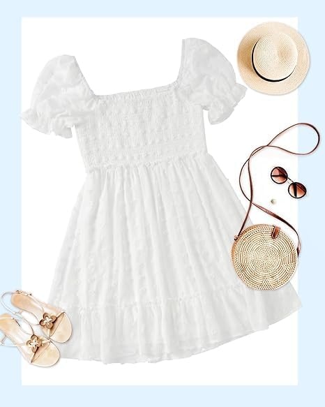 Talisea Plus Size Square Neck Graduation Summer Casual Sundress Chiffon Swiss Dot Ruffle Flowy Short Smocked Dress(White)