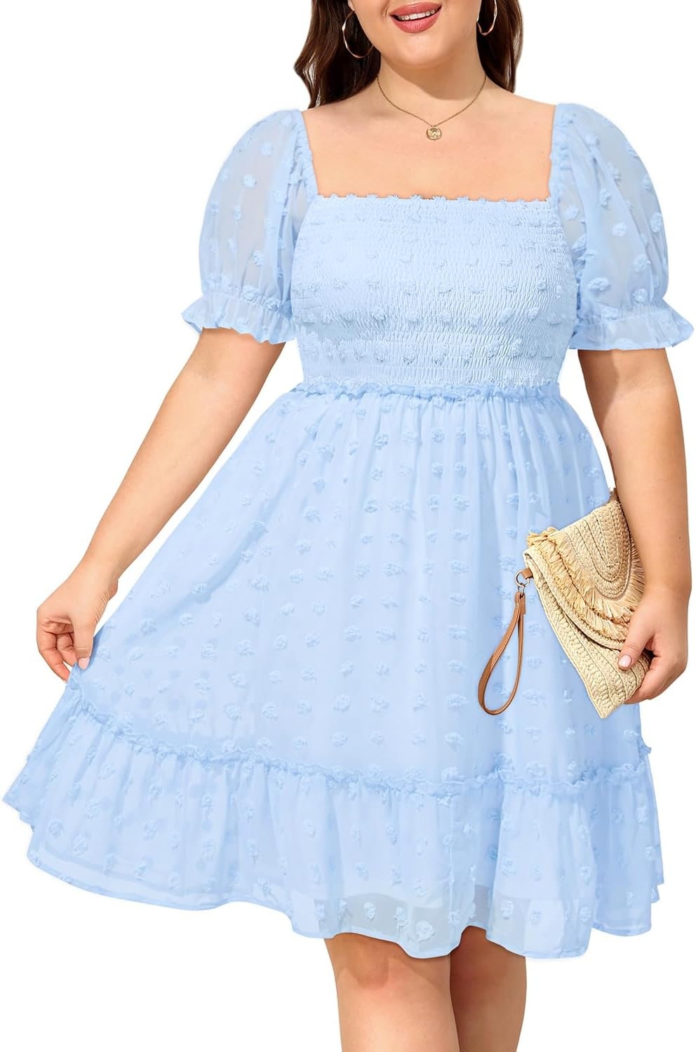 Talisea Plus Size Square Neck Graduation Summer Casual Sundress Chiffon Swiss Dot Ruffle Flowy Short Smocked Dress(Light Blue)