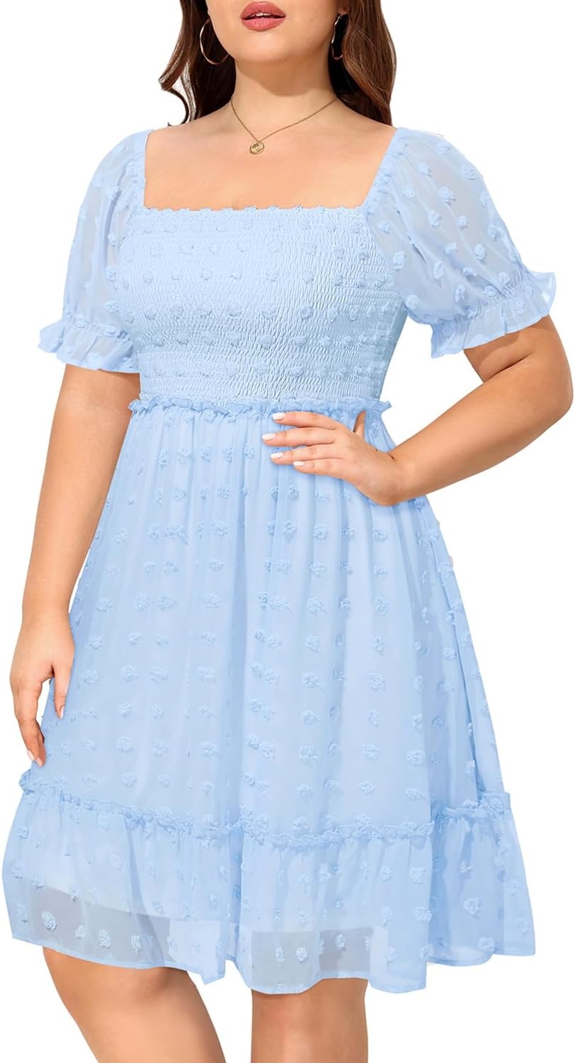 Talisea Plus Size Square Neck Graduation Summer Casual Sundress Chiffon Swiss Dot Ruffle Flowy Short Smocked Dress(Light Blue)