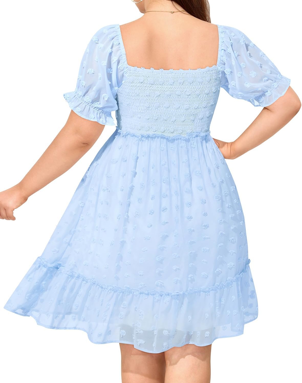 Talisea Plus Size Square Neck Graduation Summer Casual Sundress Chiffon Swiss Dot Ruffle Flowy Short Smocked Dress(Light Blue)