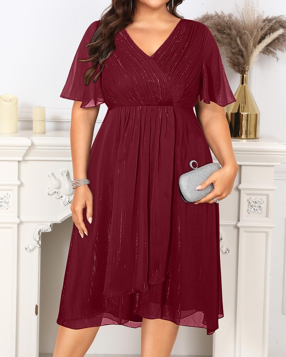 Talisea Plus Size Cocktail Dress – Formal Wedding Guest Fall Long Sleeve A Line Pleated V Neck Midi Dresses for Curvy Women(Burgundy Short Sleeve)
