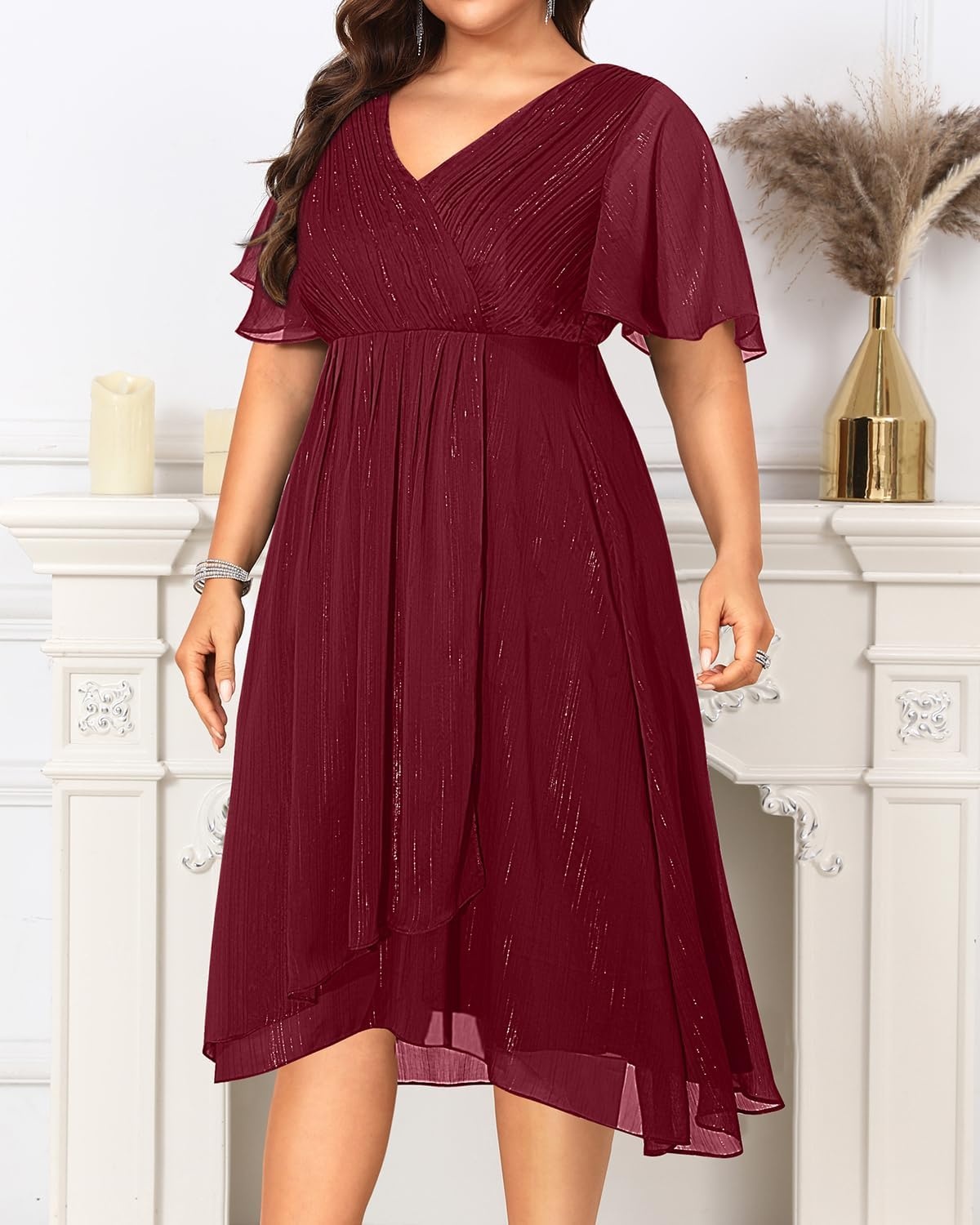 Talisea Plus Size Cocktail Dress – Formal Wedding Guest Fall Long Sleeve A Line Pleated V Neck Midi Dresses for Curvy Women(Burgundy Short Sleeve)