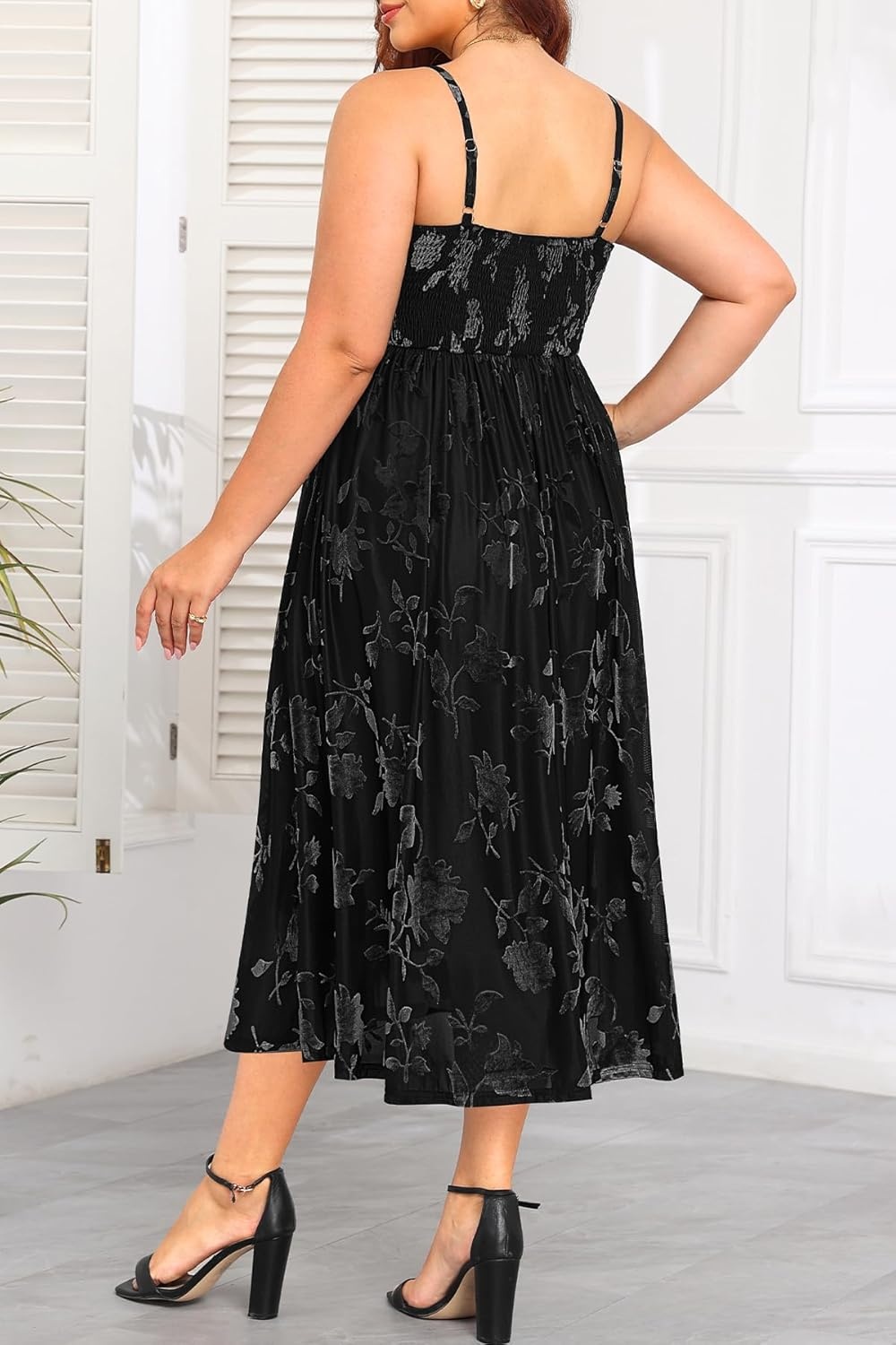 Plus Size Cocktail Dresses – Velvet Party Summer Formal Wedding Guest Sleeveless Spaghetti Strap Floral Midi Dress(Black Floral)