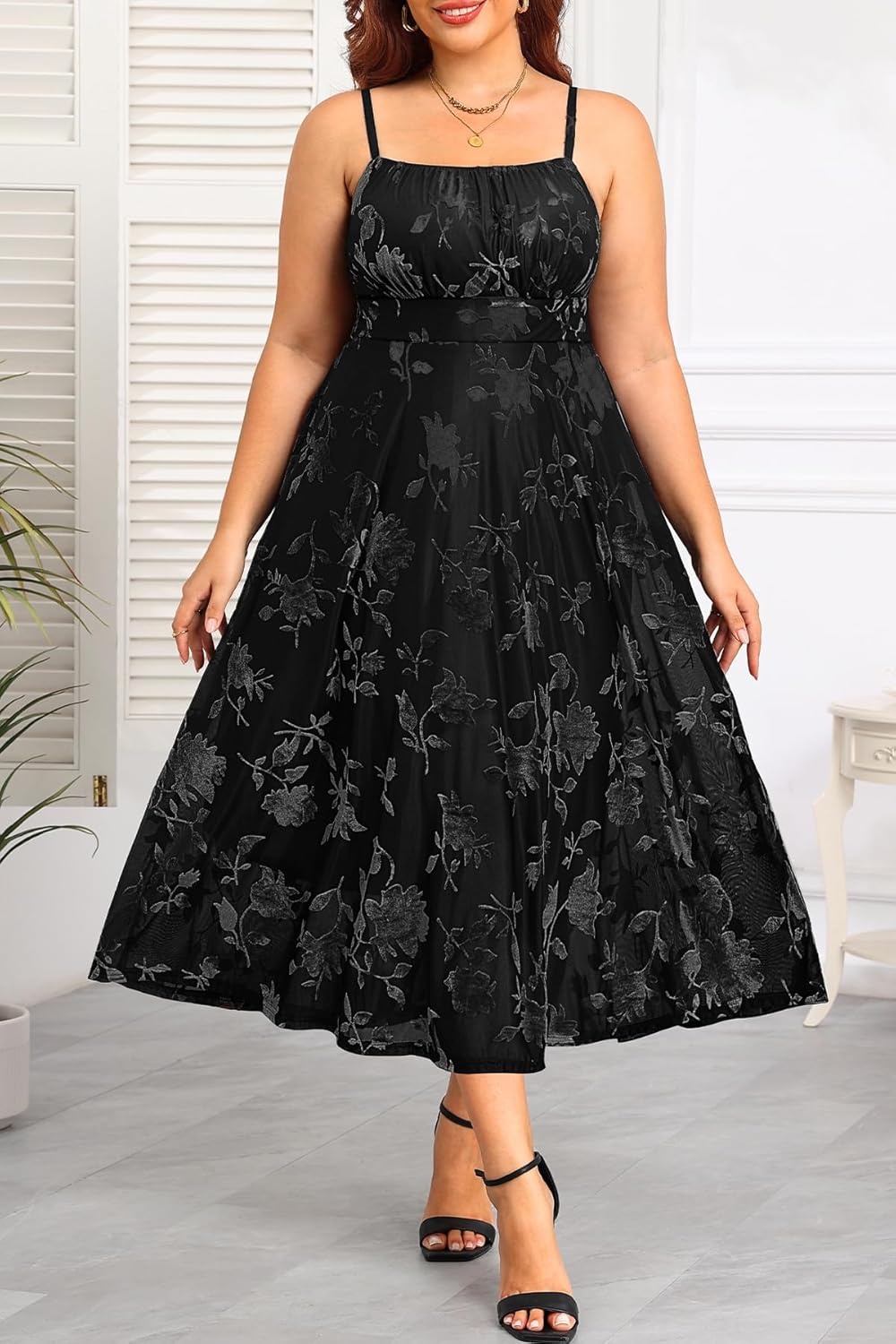 Plus Size Cocktail Dresses – Velvet Party Summer Formal Wedding Guest Sleeveless Spaghetti Strap Floral Midi Dress(Black Floral)