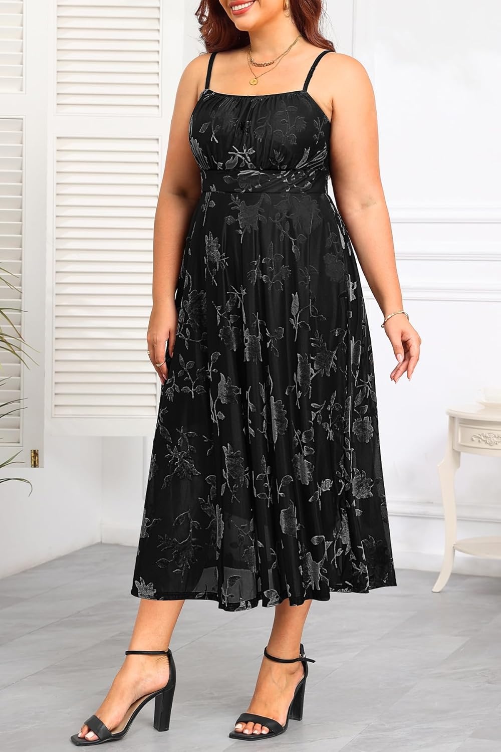 Plus Size Cocktail Dresses – Velvet Party Summer Formal Wedding Guest Sleeveless Spaghetti Strap Floral Midi Dress(Black Floral)