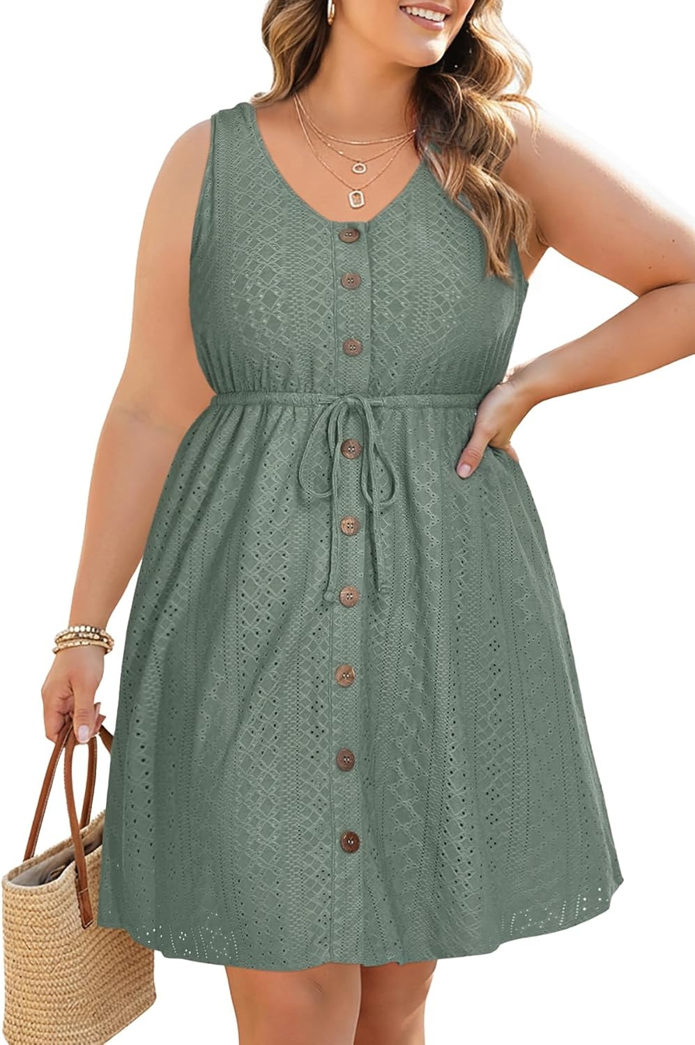 Talisea Plus Size Summer Dresses – Casual Beach Eyelet Sleeveless Tank V Neck Button Down Swing Short Sundress Pockets Women(Gray Green)