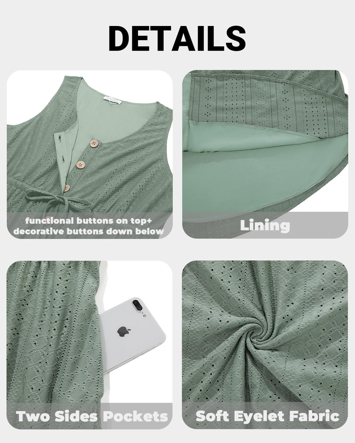 Talisea Plus Size Summer Dresses – Casual Beach Eyelet Sleeveless Tank V Neck Button Down Swing Short Sundress Pockets Women(Gray Green)