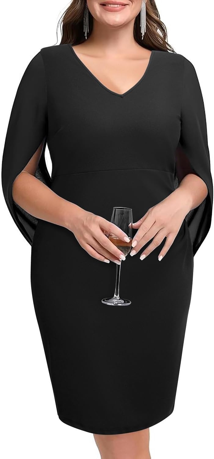 Talisea Plus Size Wedding Guest Dress – Semi Formal Cape Dress for Women | Elegant chiffon cape dress, semi formal cocktail party bodycon style for curvy women.(Black)