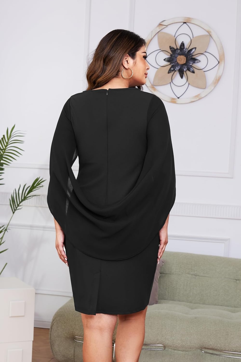 Talisea Plus Size Wedding Guest Dress – Semi Formal Cape Dress for Women | Elegant chiffon cape dress, semi formal cocktail party bodycon style for curvy women.(Black)