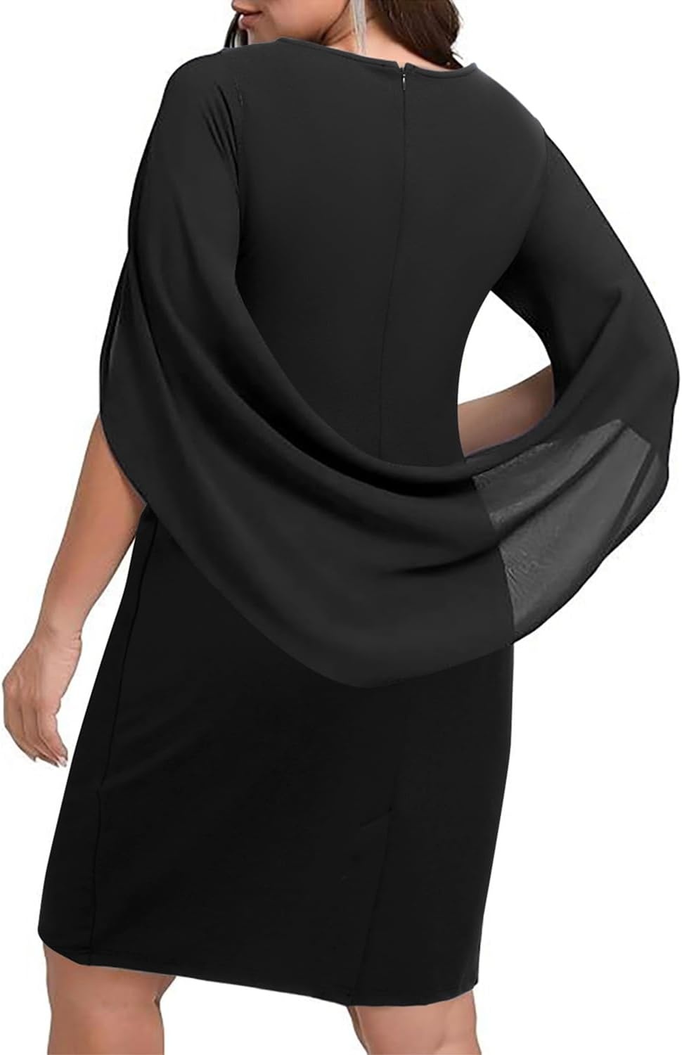 Talisea Plus Size Wedding Guest Dress – Semi Formal Cape Dress for Women | Elegant chiffon cape dress, semi formal cocktail party bodycon style for curvy women.(Black)