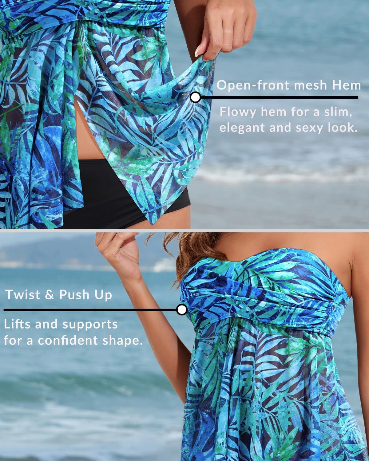 Talisea Women Bandeau Tankini Top Only Mesh Strapless Swimsuits Top Halter Flyaway Bathing Suits No Bottom(Blue Leaves)