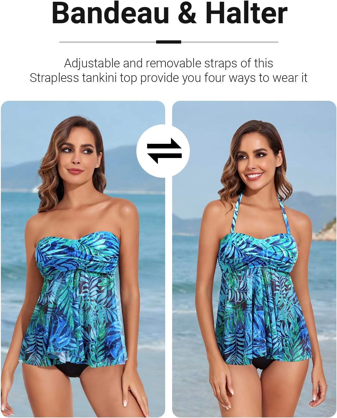 Talisea Women Bandeau Tankini Top Only Mesh Strapless Swimsuits Top Halter Flyaway Bathing Suits No Bottom(Blue Leaves)