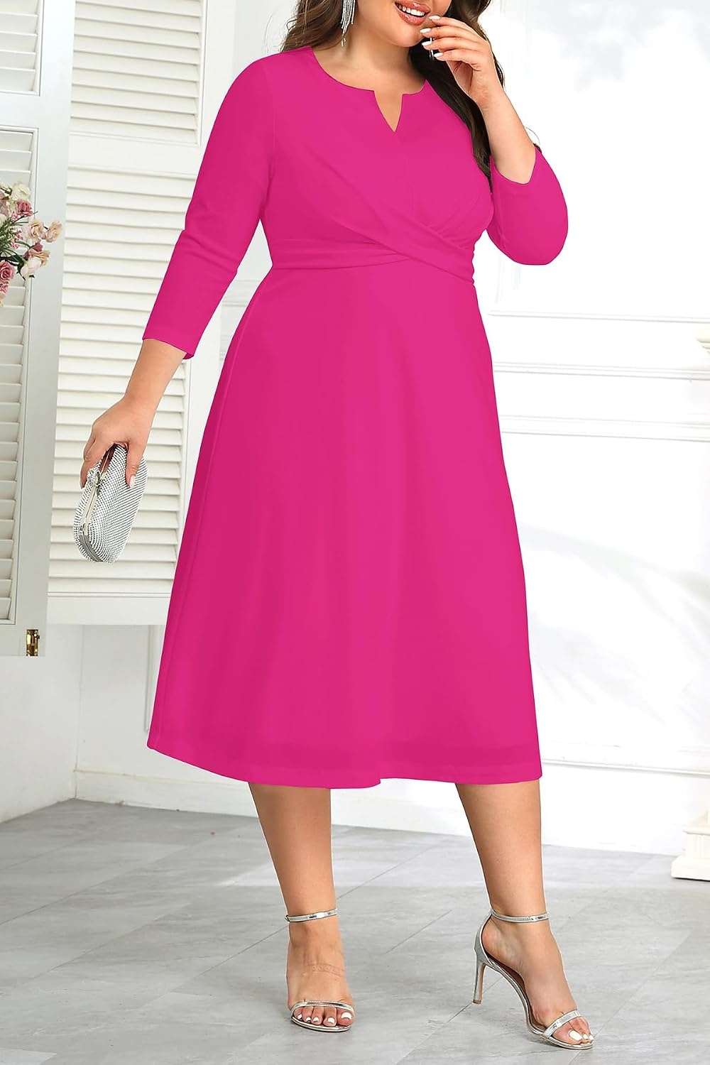 Plus Size Wedding Guest Dress Fall Semi Formal 3/4 Sleeve A-line Midi Dress | Plus Size Cocktail Wedding Guest Dress Fall 3/4 Sleeve A-Line Midi Dresses Curvy Women Modest Semi Formal Church Dress(Rose Red)