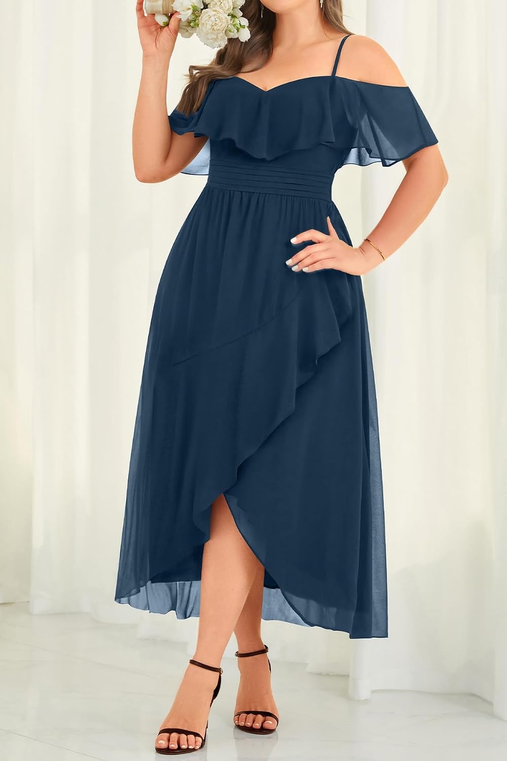 Plus Size Dresses Wedding Guest Formal Off The Shoulder Chiffon Long Dress(Navy Blue)