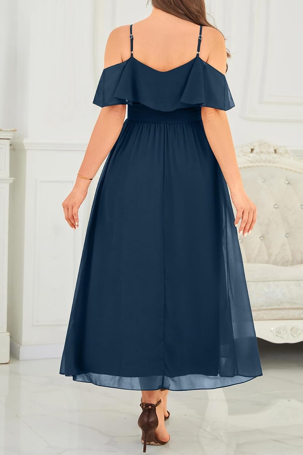 Plus Size Dresses Wedding Guest Formal Off The Shoulder Chiffon Long Dress(Navy Blue)
