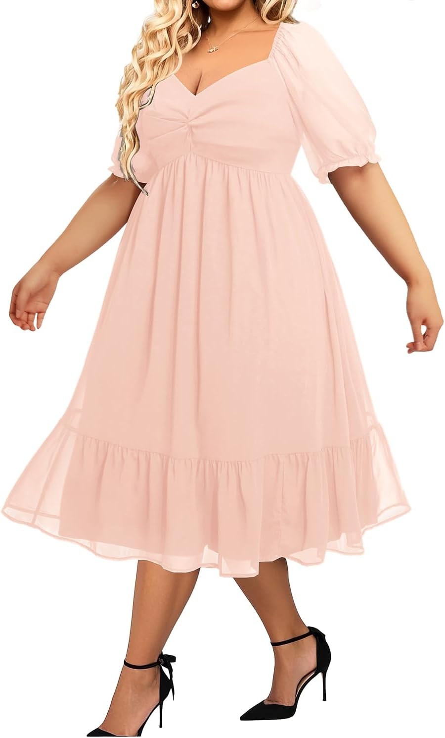 Plus Size Wedding Guest Dress Chiffon Sweetheart A Line Midi Dresses Women | Plus Size Cocktail Wedding Guest Dress Women Fall Semi Formal Dresses for Special Occasions Flowy Chiffon A Line Midi Dress(Short Sleeves-pink)