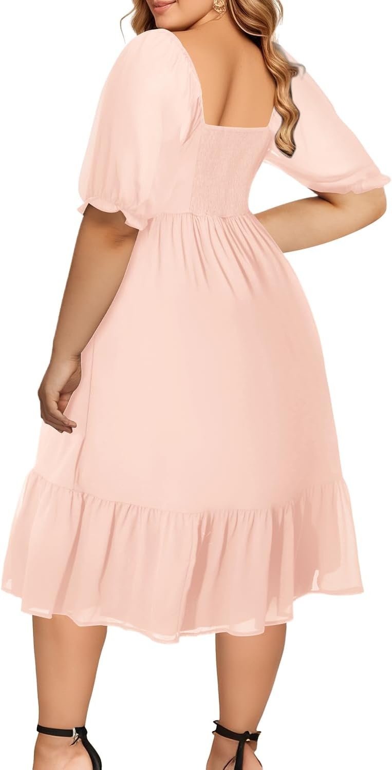 Plus Size Wedding Guest Dress Chiffon Sweetheart A Line Midi Dresses Women | Plus Size Cocktail Wedding Guest Dress Women Fall Semi Formal Dresses for Special Occasions Flowy Chiffon A Line Midi Dress(Short Sleeves-pink)
