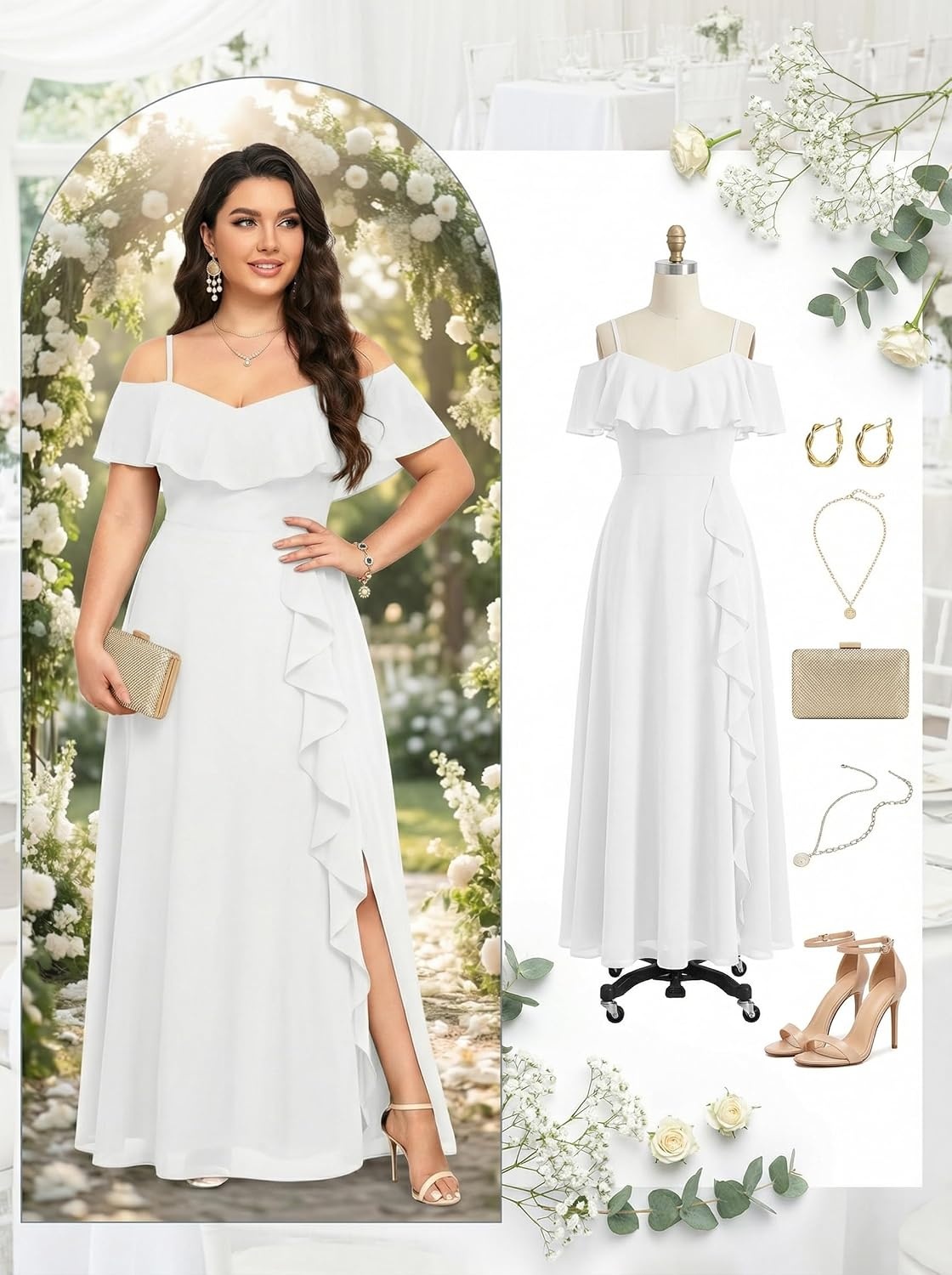 Plus Size Formal Dresses Off Shoulder Chiffon High Slit Ruffle Wedding(White)
