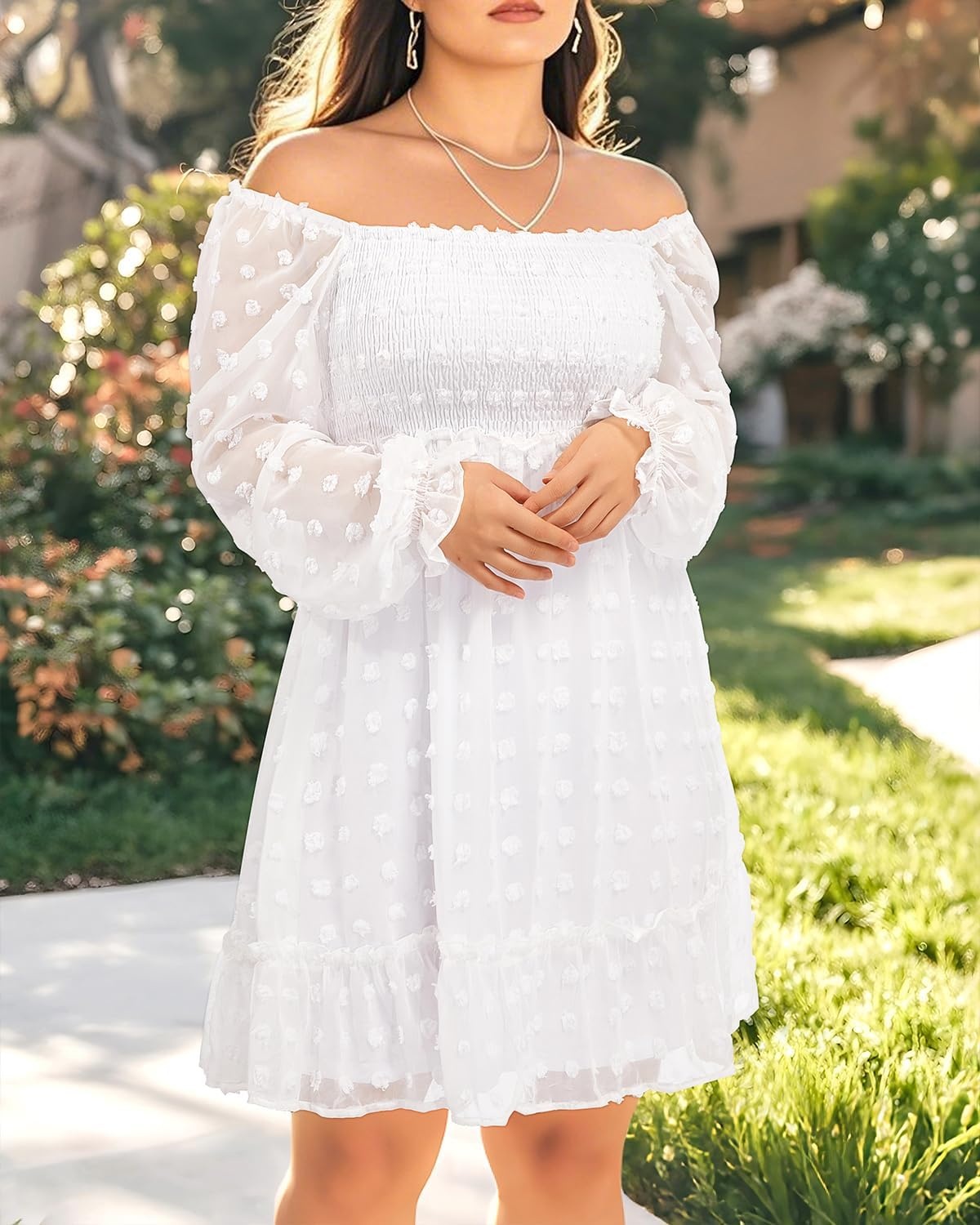 Talisea Plus Size Square Neck Graduation Summer Casual Sundress Chiffon Swiss Dot Ruffle Flowy Short Smocked Dress(White Long Sleeve)