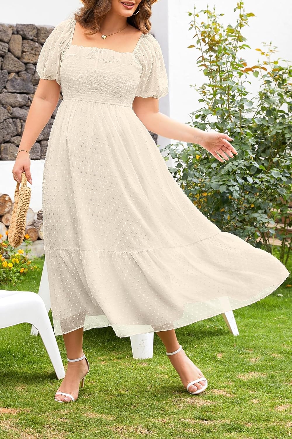 Plus Size Summer Dresses – Swiss Dot Smocked Square Neck Puff Sleeve Boho Maternity Maxi Dress for Baby Shower Wedding Guest(Beige)