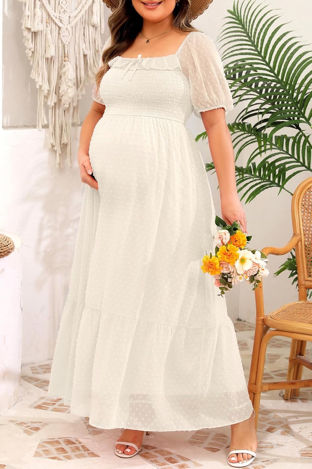 Plus Size Summer Dresses – Swiss Dot Smocked Square Neck Puff Sleeve Boho Maternity Maxi Dress for Baby Shower Wedding Guest(Beige)