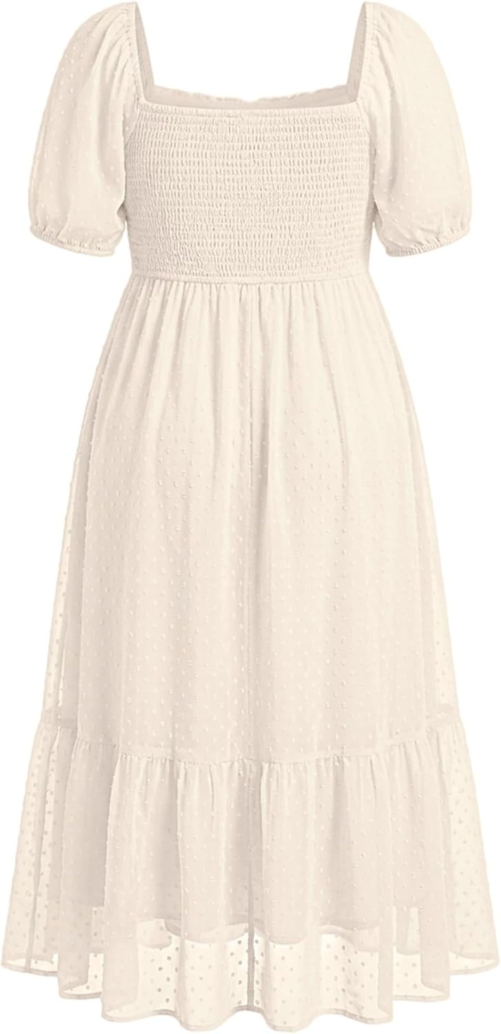 Plus Size Summer Dresses – Swiss Dot Smocked Square Neck Puff Sleeve Boho Maternity Maxi Dress for Baby Shower Wedding Guest(Beige)