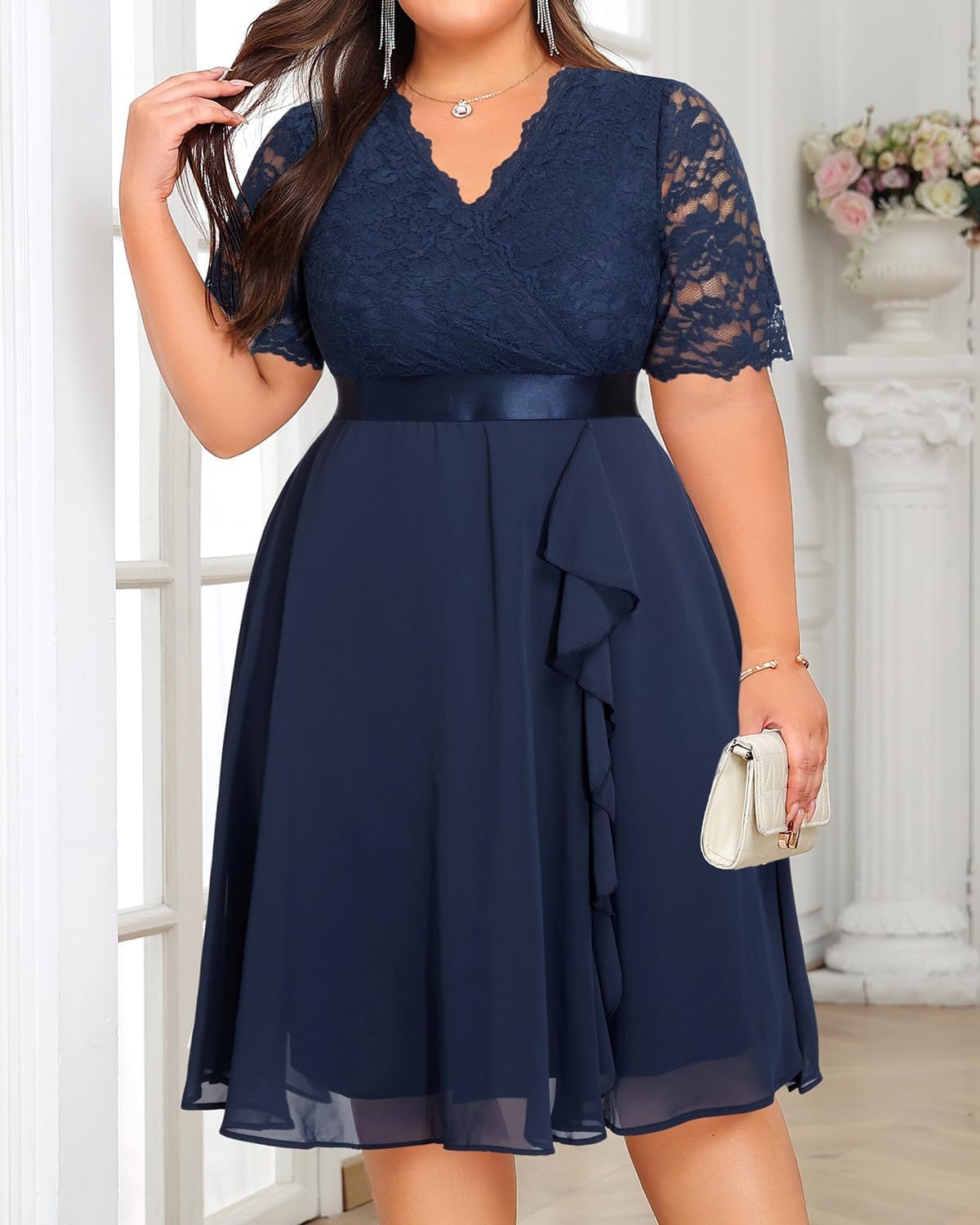 Talisea Plus Size Wedding Guest Lace Chiffon Ruffle Tea Length Dress | Delicate lace bodice / ruffle chiffon skirt / elegant V neck / tea length / light flowy movement(Navy Blue)
