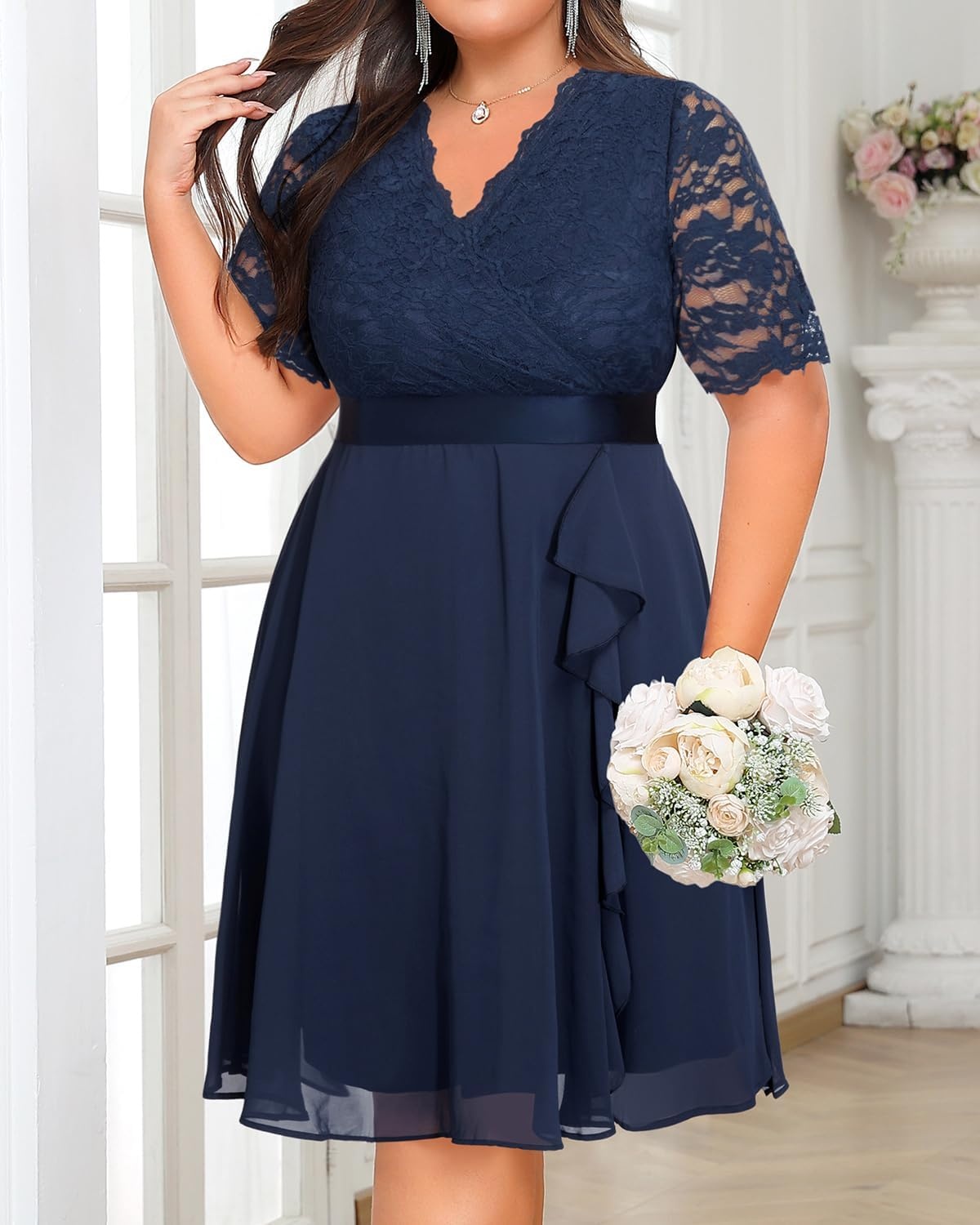 Talisea Plus Size Wedding Guest Lace Chiffon Ruffle Tea Length Dress | Delicate lace bodice / ruffle chiffon skirt / elegant V neck / tea length / light flowy movement(Navy Blue)