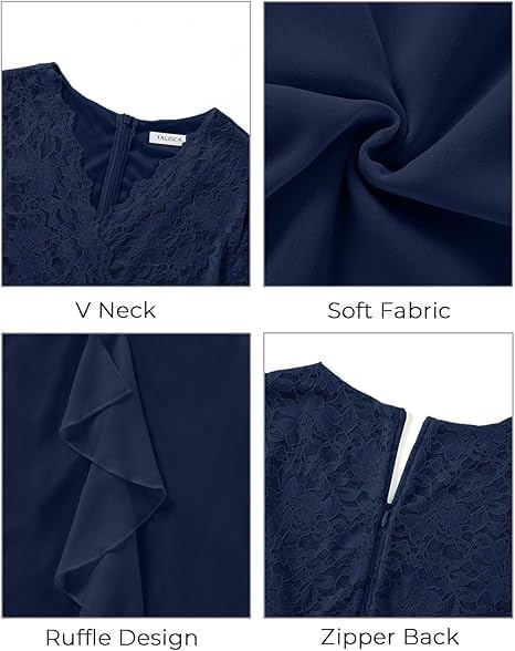 Talisea Plus Size Wedding Guest Lace Chiffon Ruffle Tea Length Dress | Delicate lace bodice / ruffle chiffon skirt / elegant V neck / tea length / light flowy movement(Navy Blue)