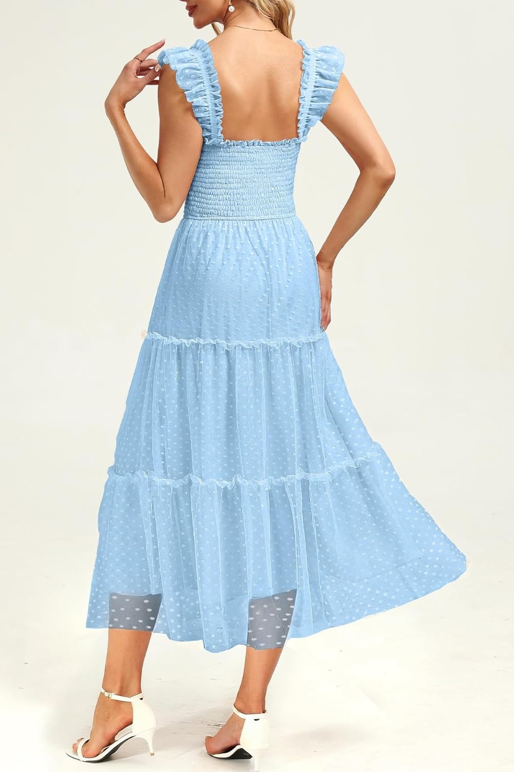 Women’s Wedding Guest Dress Dotted Tulle Smocked Summer Midi Sleeveless Ruffle Tiered Flowy Mesh Party Sundress(Light Blue)