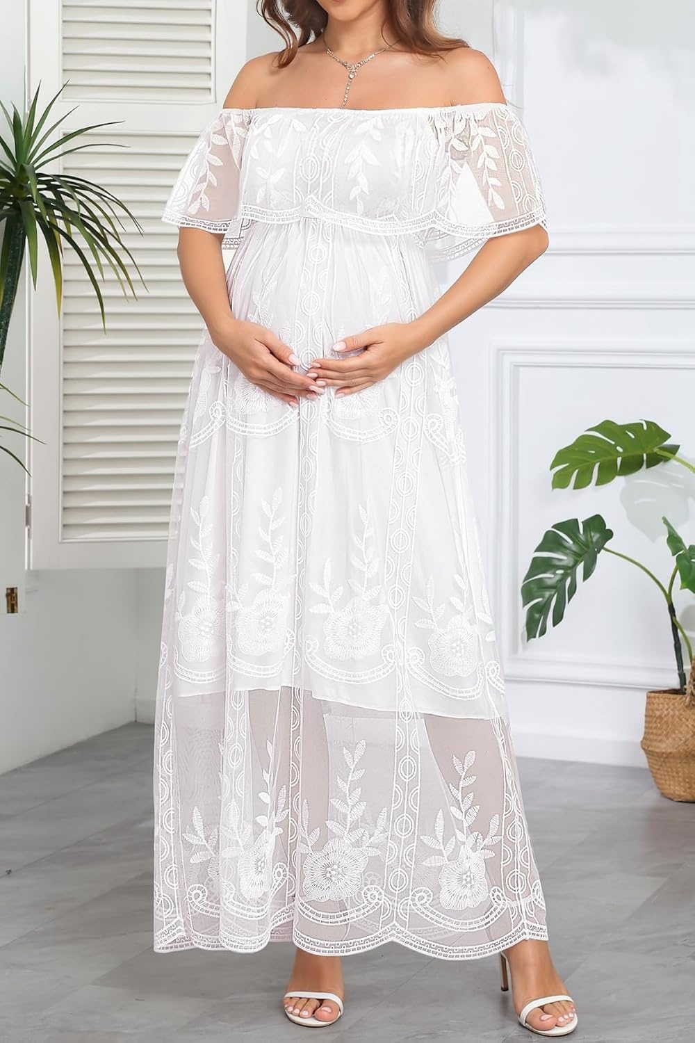 Women’s Off Shoulder Maternity Dress Swiss Dot Boho Baby Shower Dress | Swiss dot chiffon fabric,off shoulder boho design,maternity baby shower dress style(White Lace)