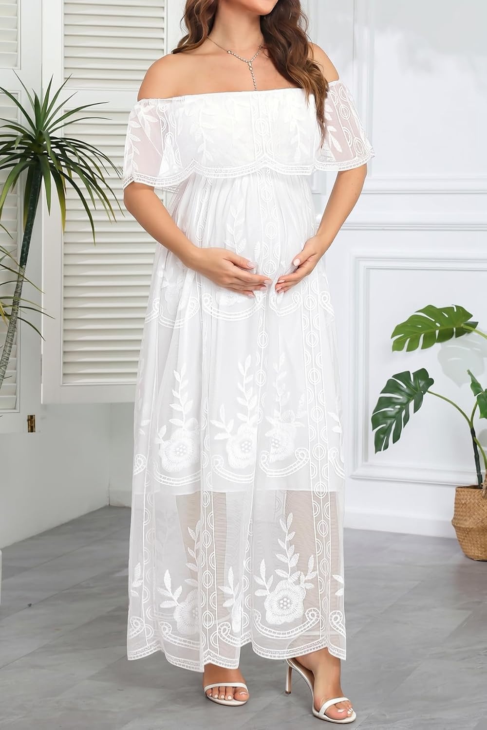Women’s Off Shoulder Maternity Dress Swiss Dot Boho Baby Shower Dress | Swiss dot chiffon fabric,off shoulder boho design,maternity baby shower dress style(White Lace)