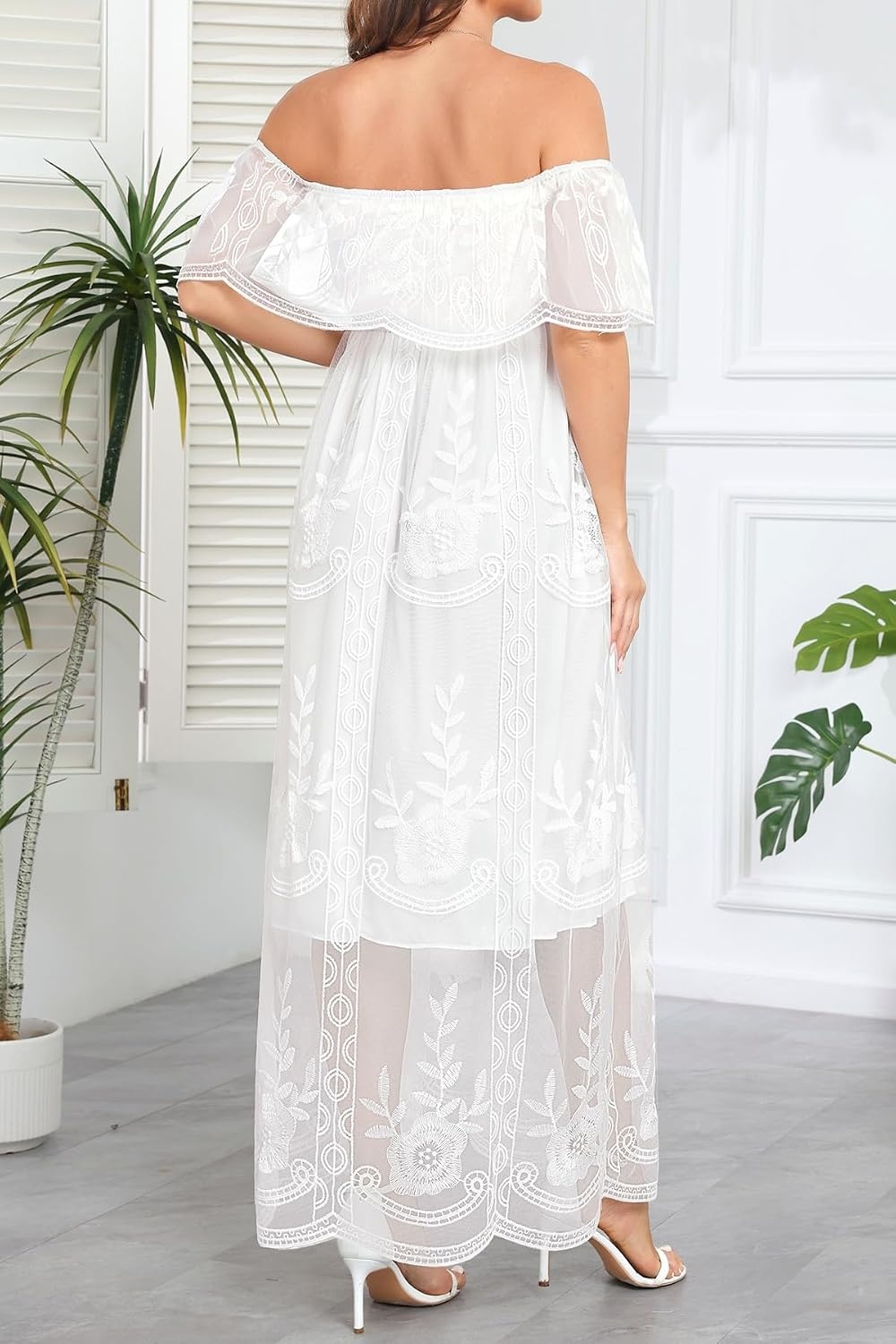 Women’s Off Shoulder Maternity Dress Swiss Dot Boho Baby Shower Dress | Swiss dot chiffon fabric,off shoulder boho design,maternity baby shower dress style(White Lace)