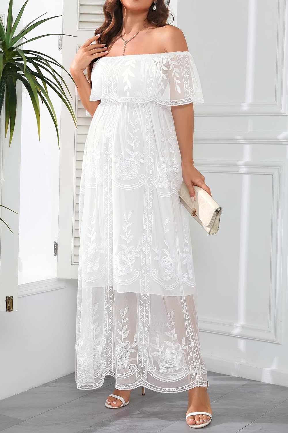 Women’s Off Shoulder Maternity Dress Swiss Dot Boho Baby Shower Dress | Swiss dot chiffon fabric,off shoulder boho design,maternity baby shower dress style(White Lace)