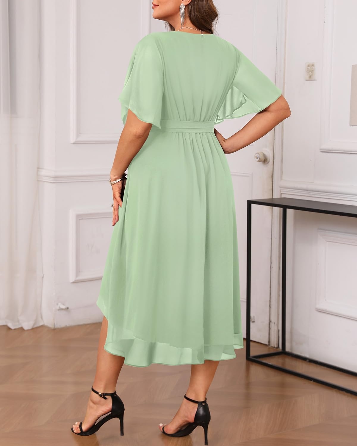 Plus Size Dresses Wedding Guest Formal Chiffon Short Sleeve High Low Dress(Light Green)