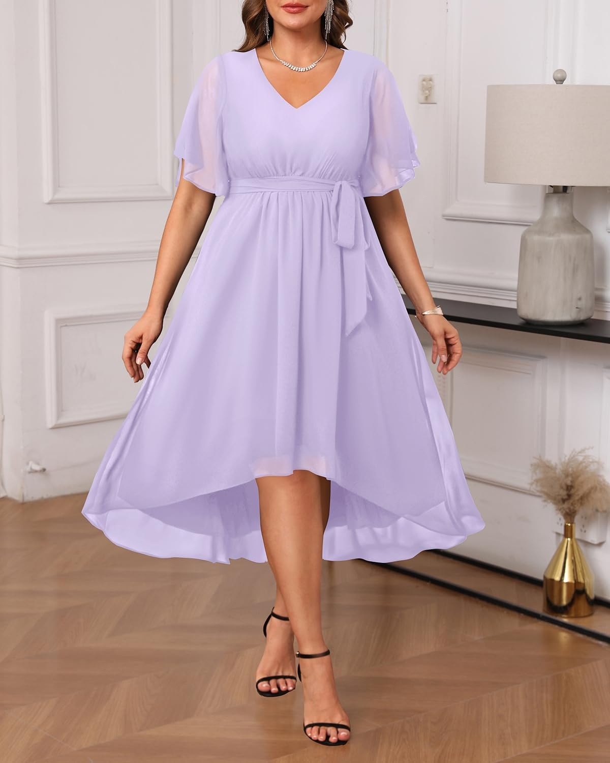 Talisea Plus Size Dresses Wedding Guest – Formal Cocktail Chiffon V Neck Short Sleeve High Low Dress Curvy Women(Lavender)